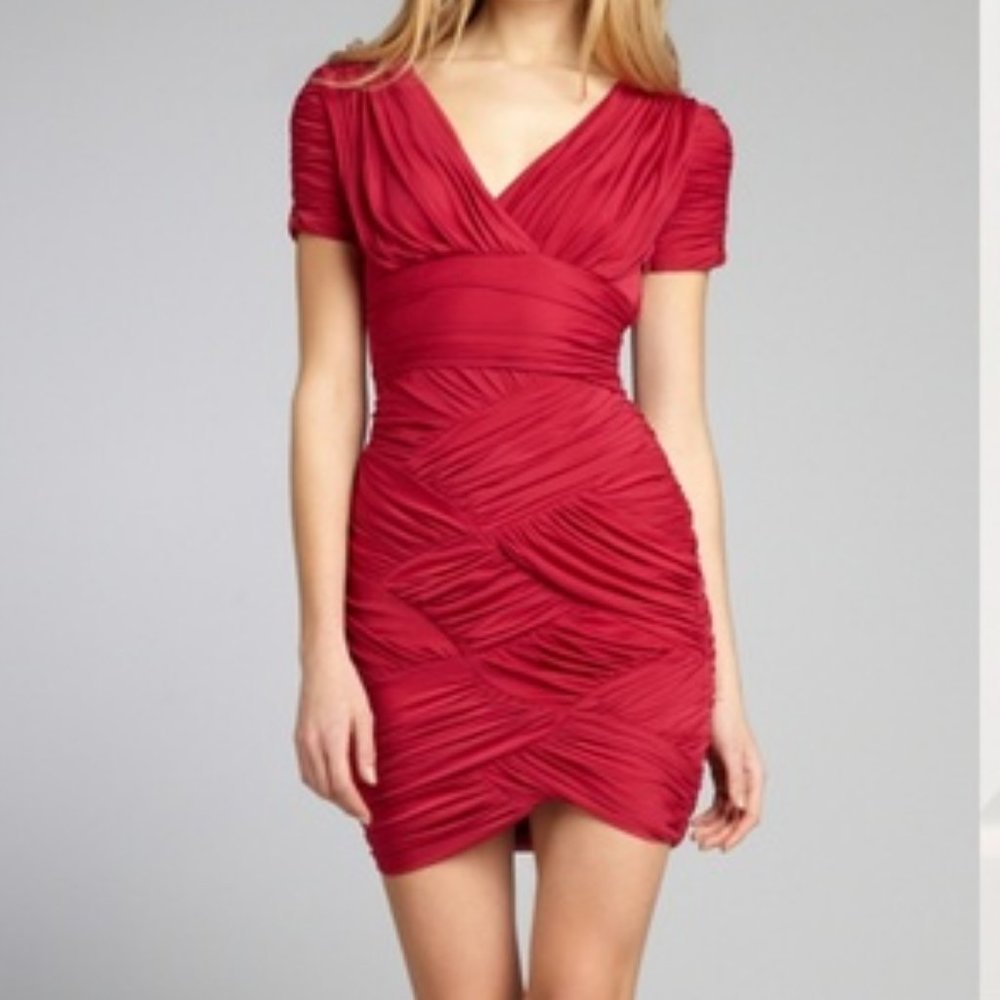 Halston Heritage Ruched V Neck Mini Dress - NWT!